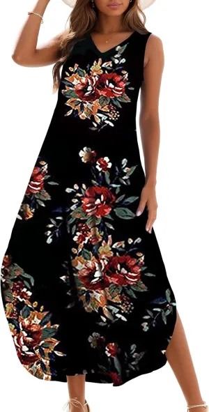 Zilcremo Women's Summer Casual Loose Sundress Long Dress Sleeveless V Neck Split Tshirt Maxi Dresses